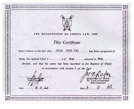 Register of Chiefs Certificate