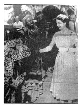 H.R.H. the Fon of Bum chats with Queen Elizabeth II in 1958